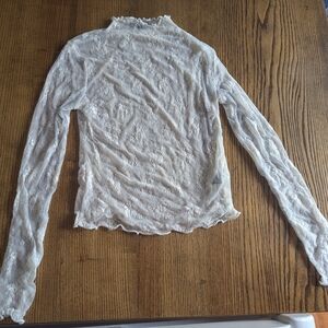 EUC Women's Large wearever Sheer Lace Cream Lettuce Edge Mockneck Crop Top Y2K